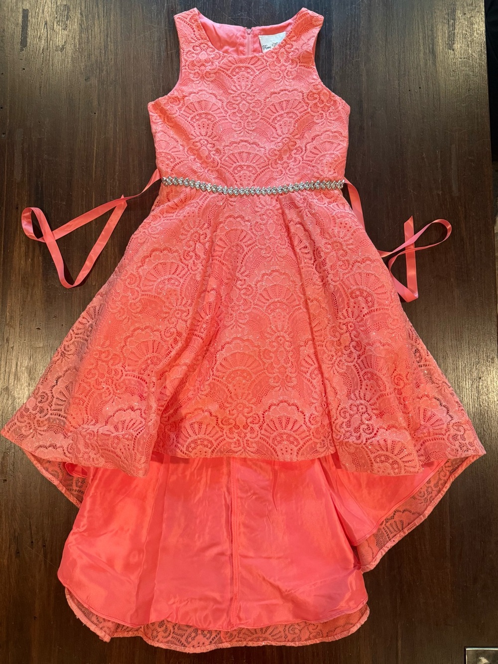 Rare Editions Girls Coral Lace Hi-Low Dress with Rhinestone Belt